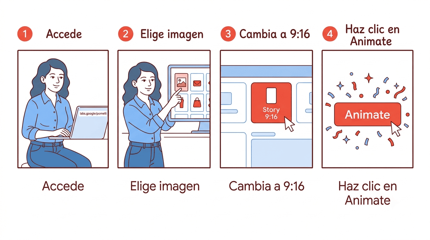 Cuatro pasos para activar Pomelli Animate: acceder, elegir imagen, cambiar a 9:16 y hacer clic en Animate