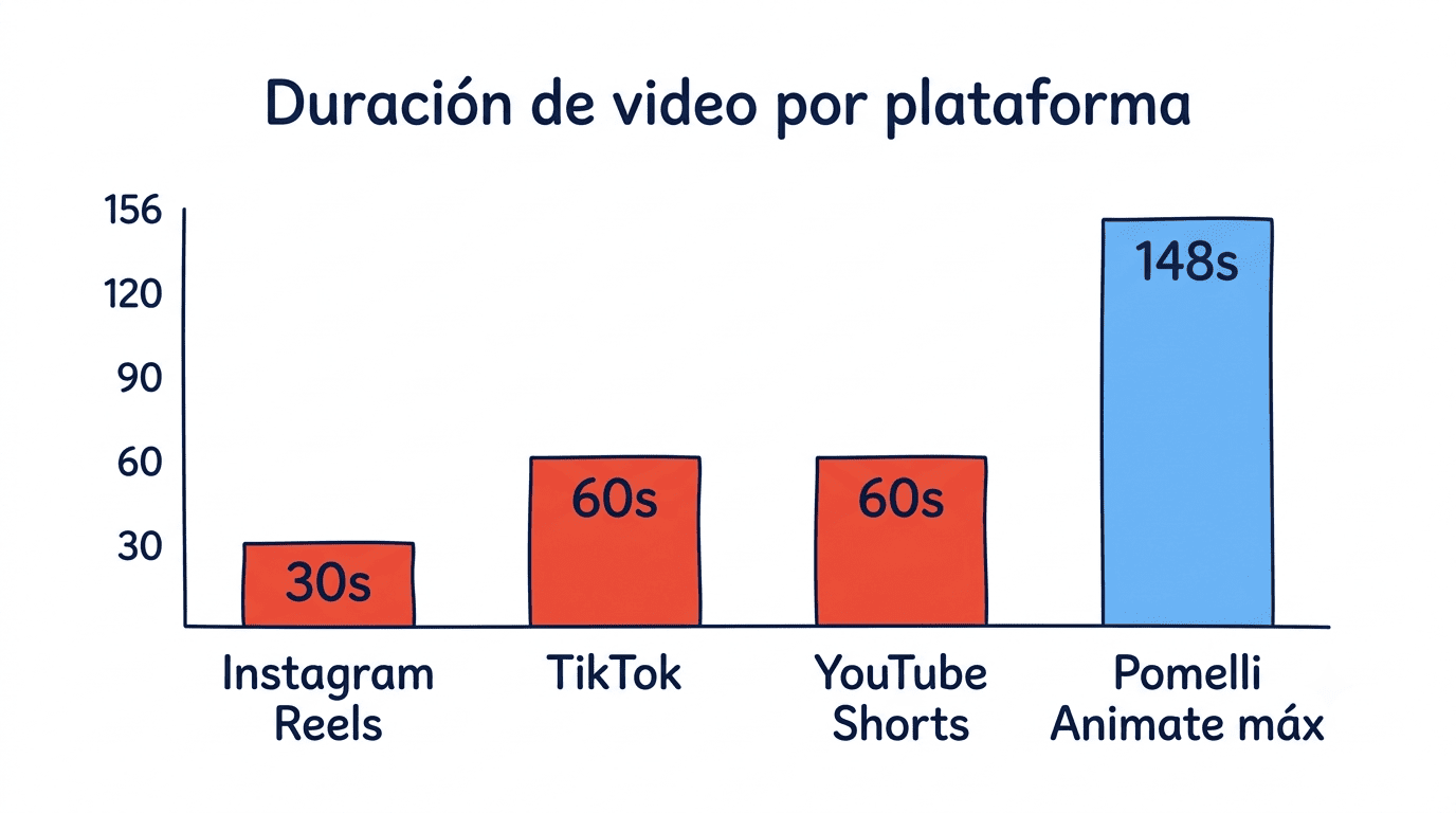 Gráfico de duración máxima de video por plataforma: Instagram Reels 30s, TikTok 60s, YouTube Shorts 60s, Pomelli Animate hasta 148s