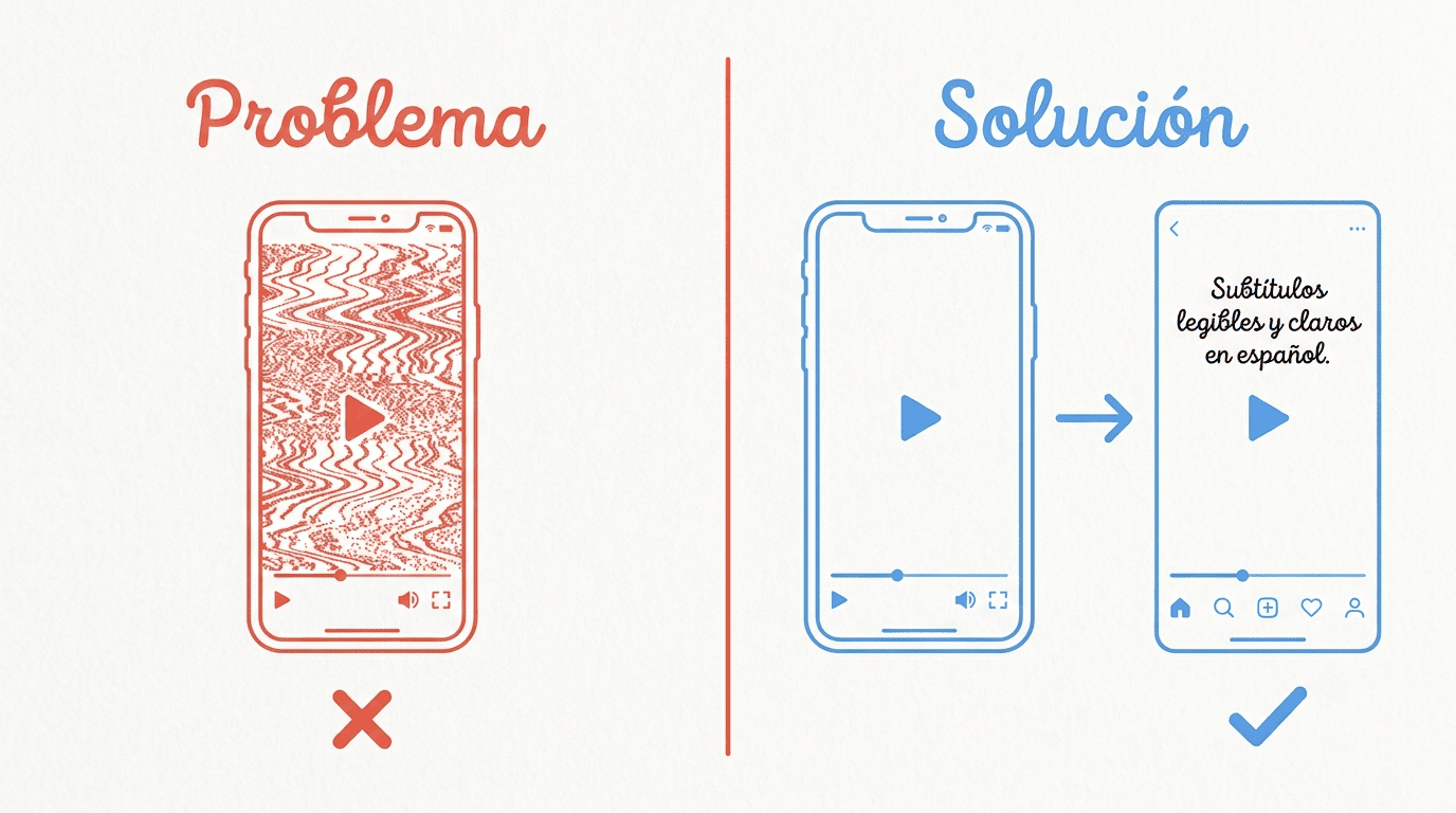 Comparativa problema vs solución: texto distorsionado en el video animado vs. subtítulos añadidos desde la app de destino