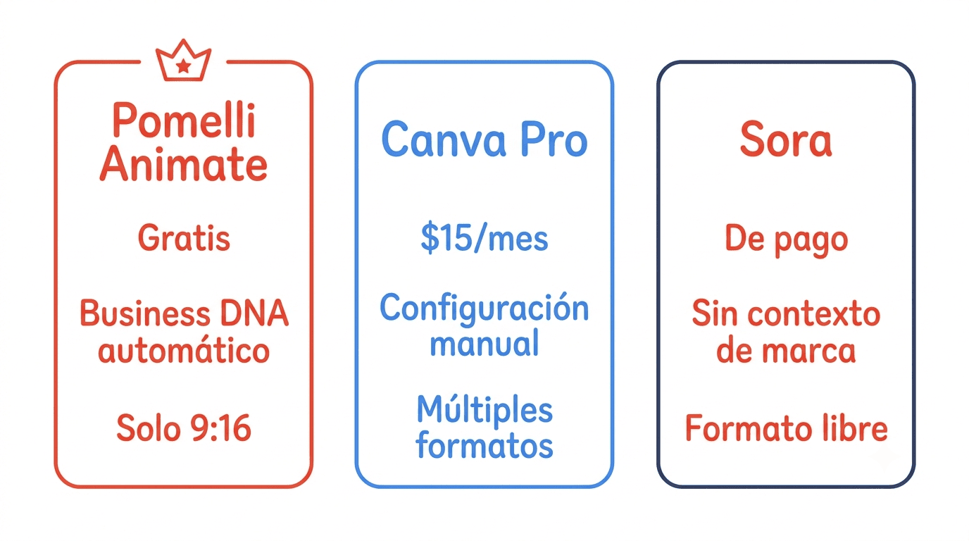 Comparativa Pomelli Animate vs Canva Pro vs Sora: precio, contexto de marca y formatos de salida