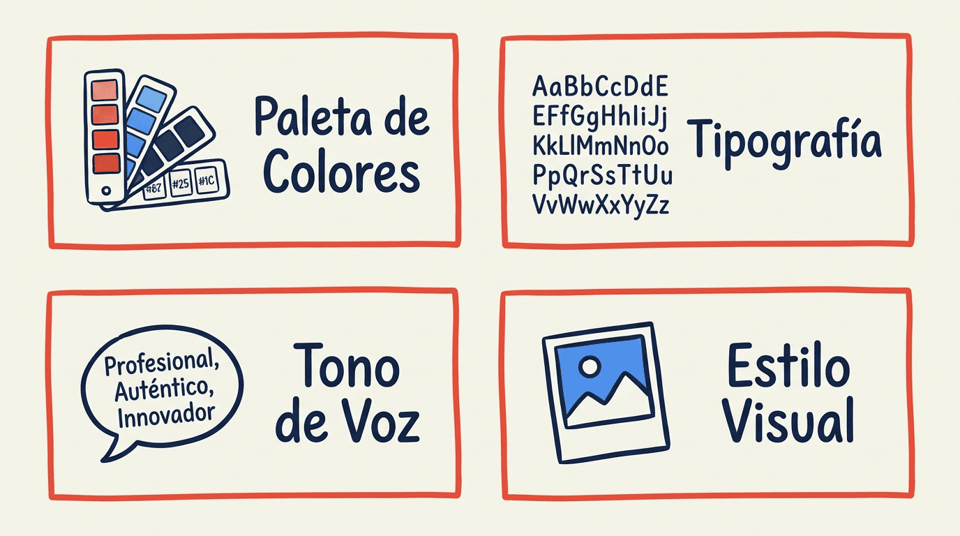 Cuadrícula 2x2 de los 4 componentes del Business DNA de Pomelli: paleta de colores con muestras hex, tipografía de display y cuerpo, descriptores de tono de voz y etiquetas de estilo visual