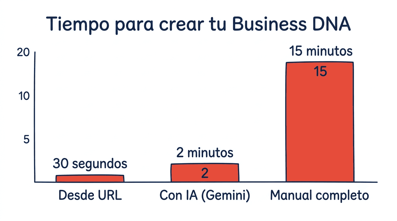 Gráfico de barras comparando el tiempo necesario para construir el Business DNA por método: desde URL en 30-60 seg, con archivos en 2-5 min, configuración manual en 15 min