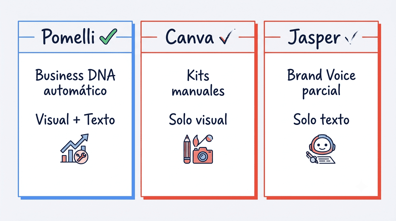 Infográfico comparativo de 3 columnas: Pomelli con Business DNA automático y generación visual+texto, Canva con kits manuales solo visuales, Jasper con Brand Voice parcial solo textual — con marcas de verificación y cruces