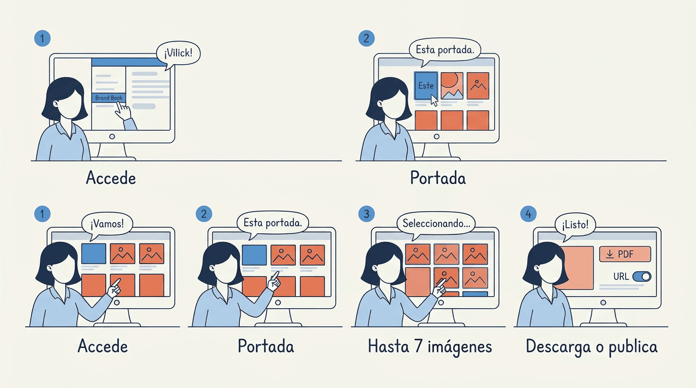 Diagrama de 4 paneles numerados: (1) acceder a Brand Book, (2) elegir imagen de portada, (3) seleccionar hasta 7 imágenes de marca, (4) descargar PDF o publicar enlace URL