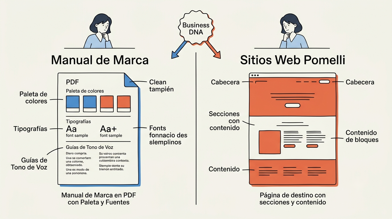 Comparativa pantalla dividida: lado izquierdo 'Brand Books' con documento PDF de colores, fuentes y tono de voz; lado derecho 'Pomelli Websites' con landing page y secciones web — ambos sobre el mismo Business DNA