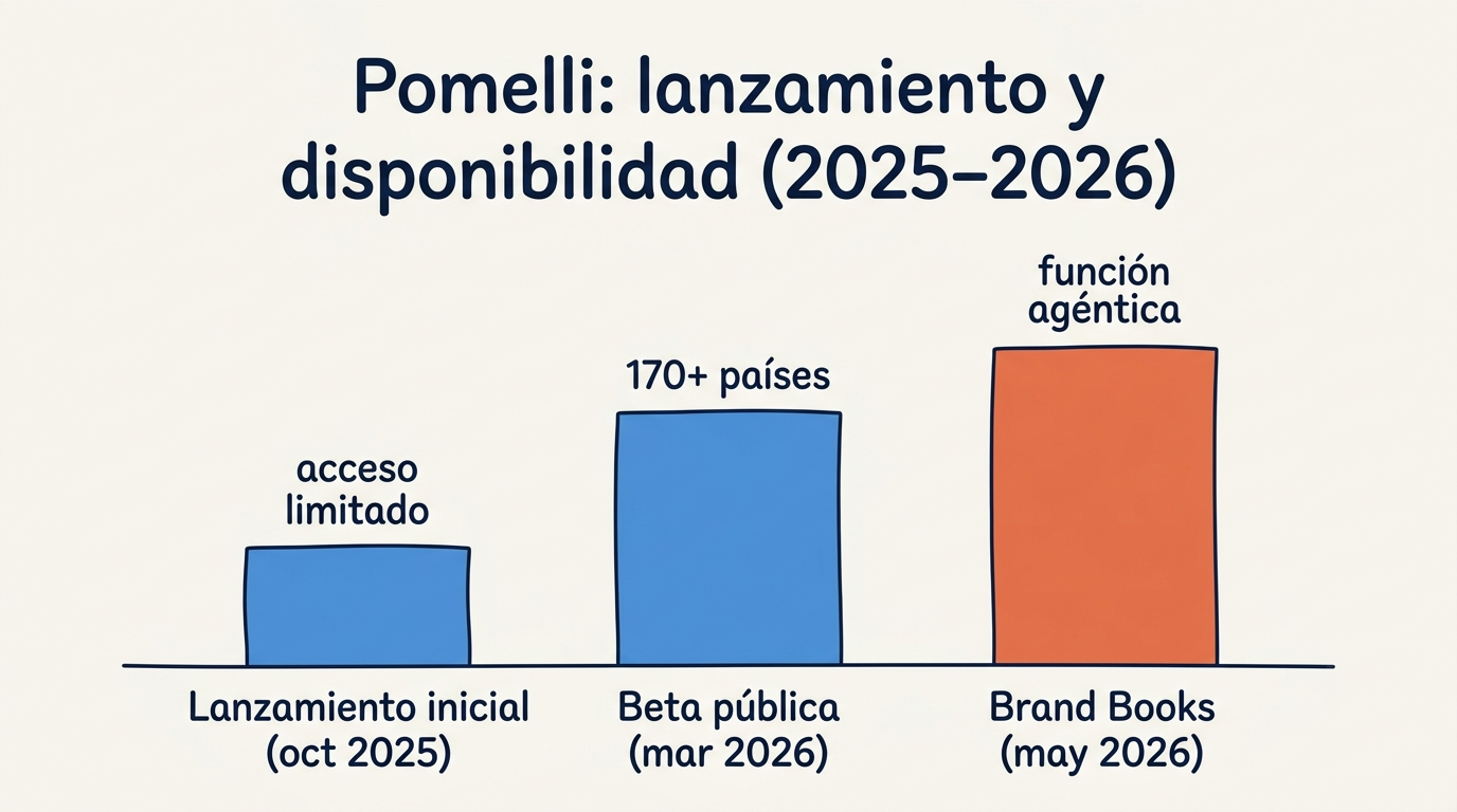 Gráfico de barras con la línea temporal de disponibilidad de Pomelli: lanzamiento en oct 2025, apertura a 170+ países en mar 2026, Brand Books y Websites en may 2026