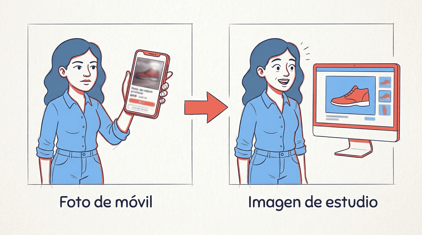 Una propietaria de pyme sostiene su teléfono con una foto borrosa del producto; a la derecha, la misma imagen aparece como fotografía de estudio profesional