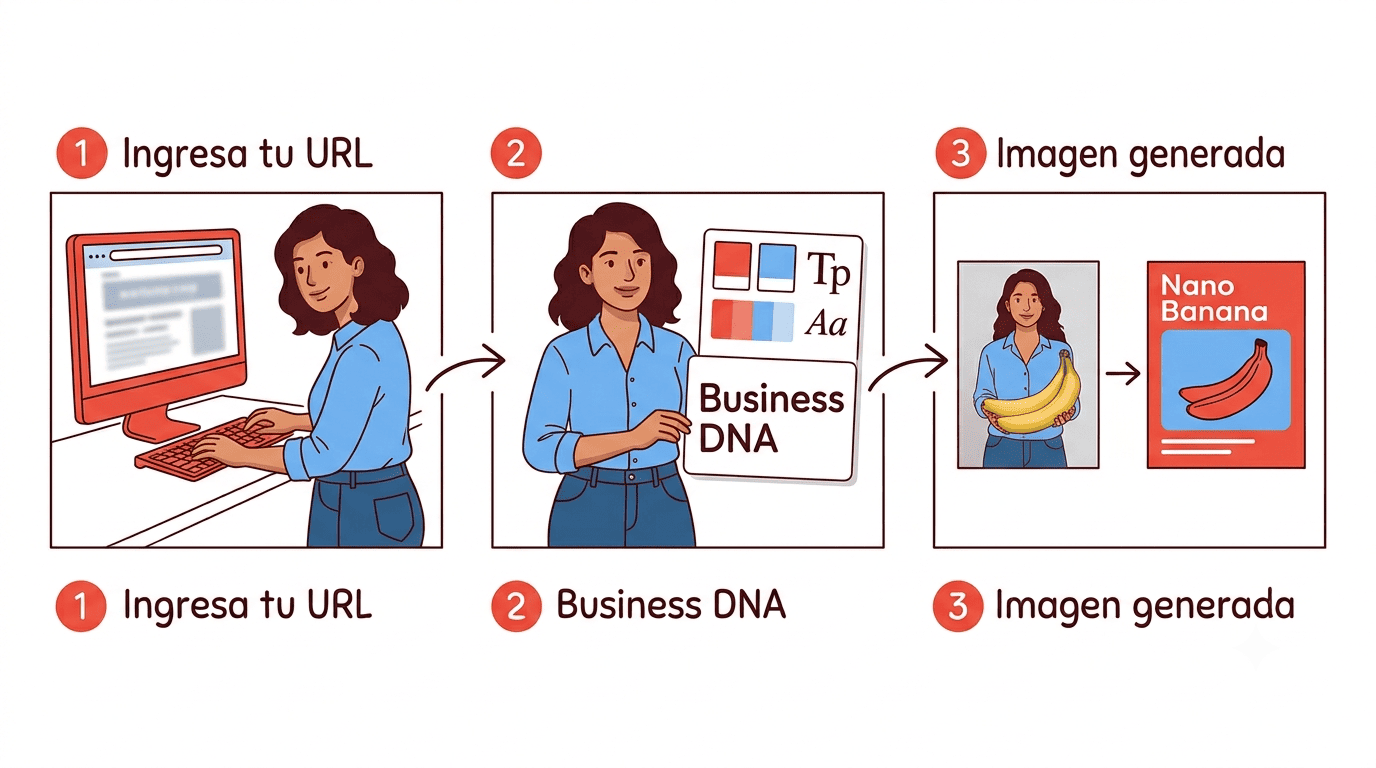 Esquema en tres pasos: ingresa tu URL → Business DNA extrae paleta e identidad de marca → Nano Banana genera imagen de producto con marca real
