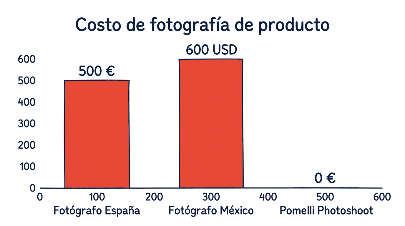 Gráfico de barras comparando el costo de fotografía profesional: fotógrafo en España 500 €, en México 600 USD, Pomelli Photoshoot 0 €