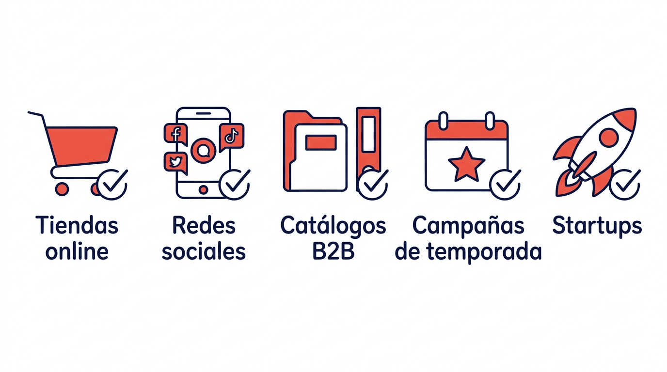 Cinco iconos con los casos de uso de Pomelli Photoshoot: tiendas online, redes sociales, catálogos B2B, campañas de temporada y startups
