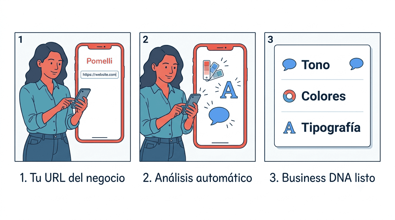 Tres pasos de Pomelli Agent: escribir la URL del negocio, análisis automático de la marca y Business DNA listo con tono, colores y tipografía