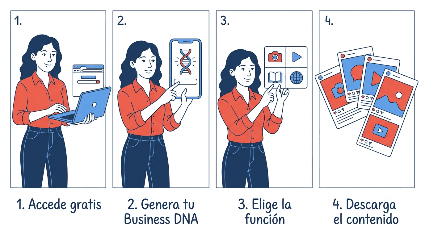 Guía visual de cuatro pasos para usar Pomelli Agent: acceder gratis, generar Business DNA, elegir función y descargar contenido
