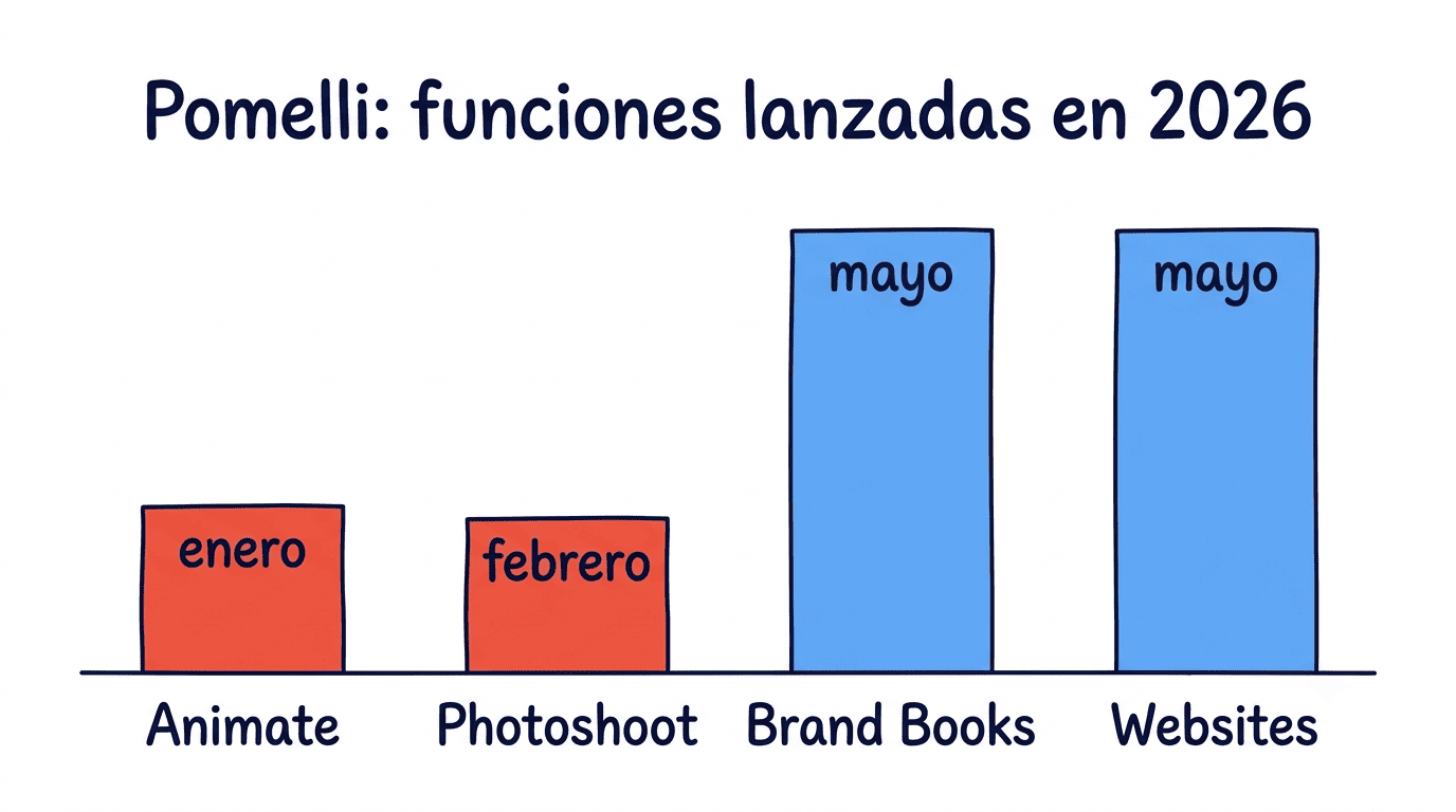 Gráfico de barras con la cronología de lanzamiento de las cuatro funciones de Pomelli en 2026: Animate enero, Photoshoot febrero, Brand Books y Websites mayo