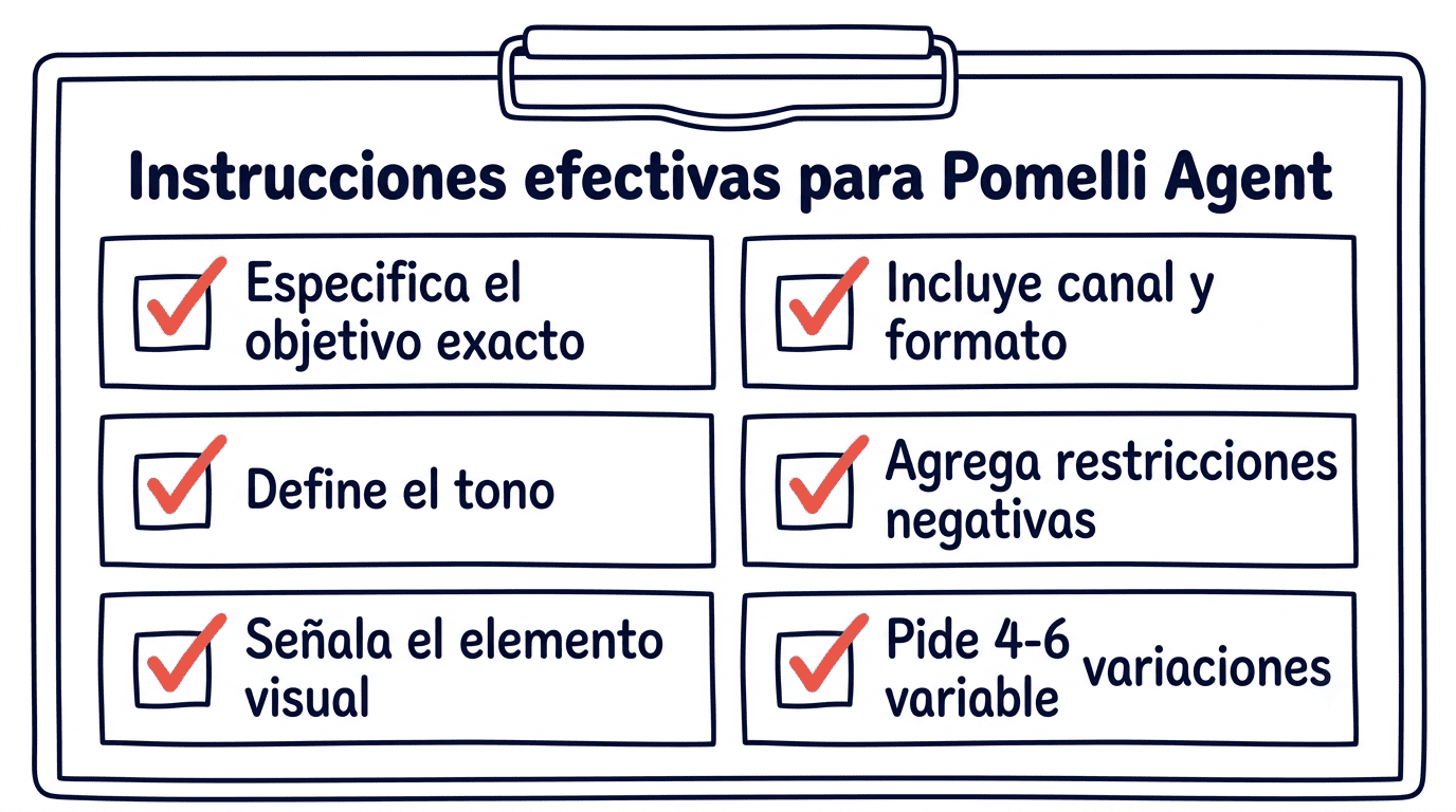 Checklist de seis instrucciones efectivas para obtener mejores resultados con Pomelli Agent: especificar objetivo, canal, tono, restricciones negativas, elemento visual y pedir variaciones