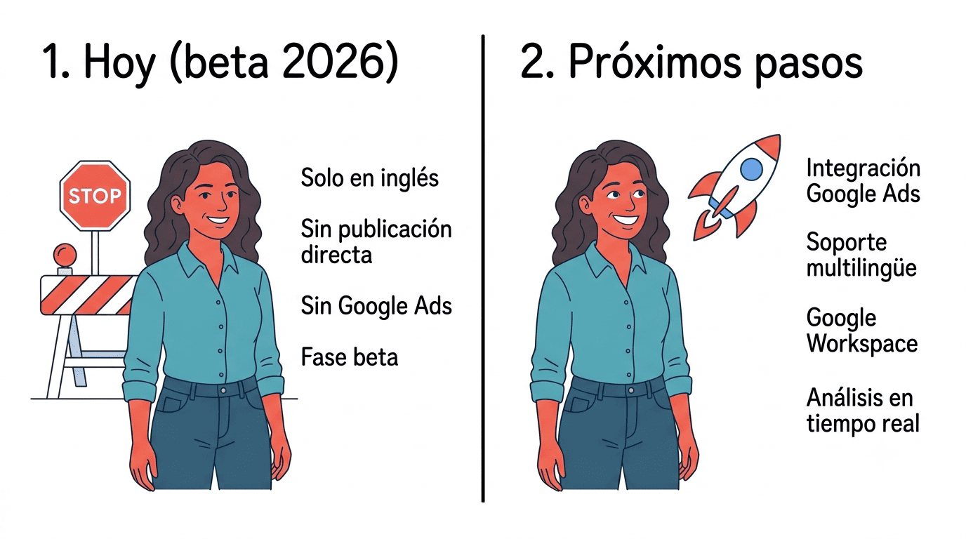 Comparación entre las limitaciones de Pomelli en beta 2026 (solo inglés, sin publicación directa, sin Google Ads) y los próximos pasos previstos (integración Ads, soporte multilingüe, Google Workspace)