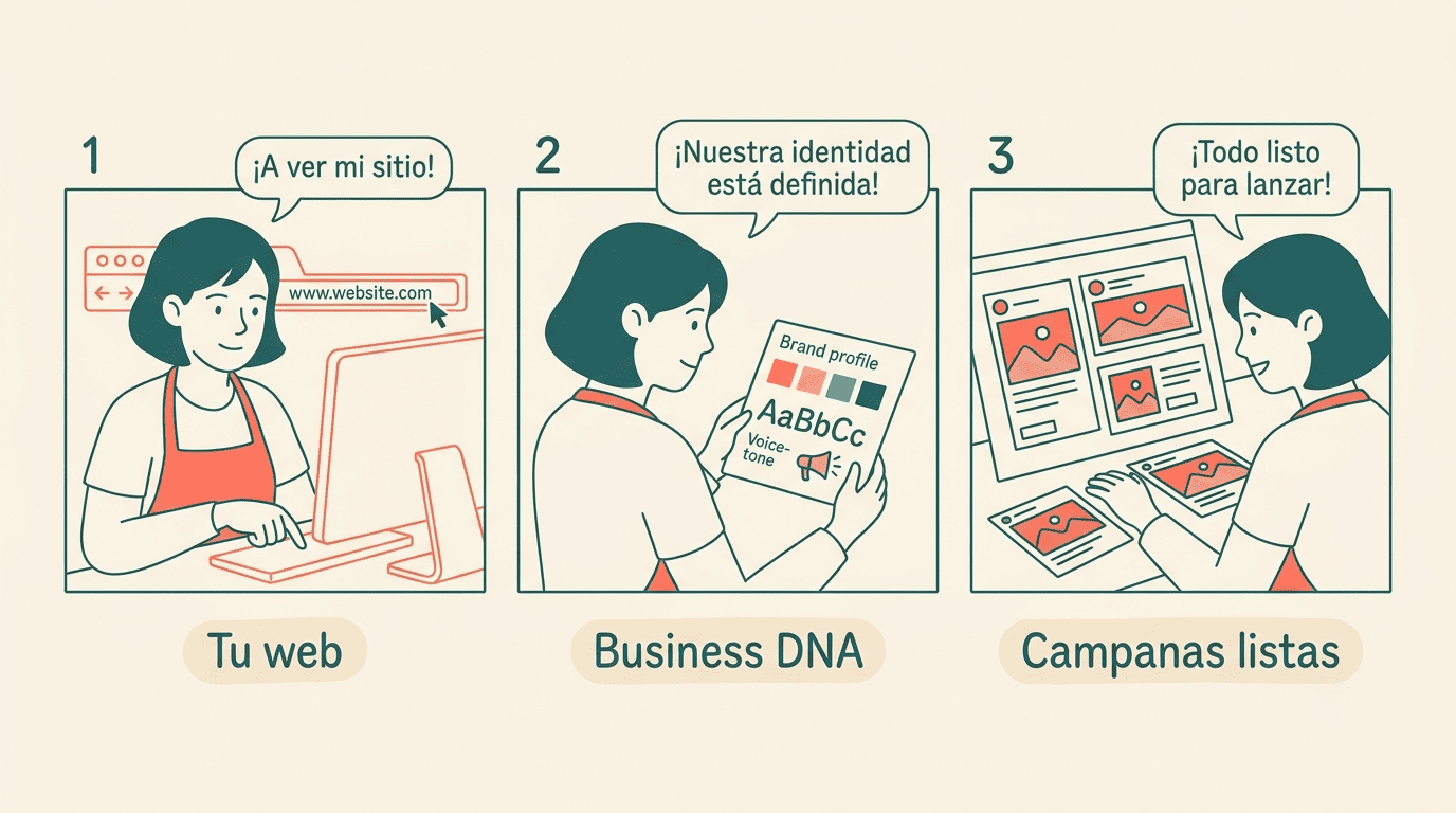 Los tres pasos de Pomelli: introducir la web, crear el Business DNA y generar campañas