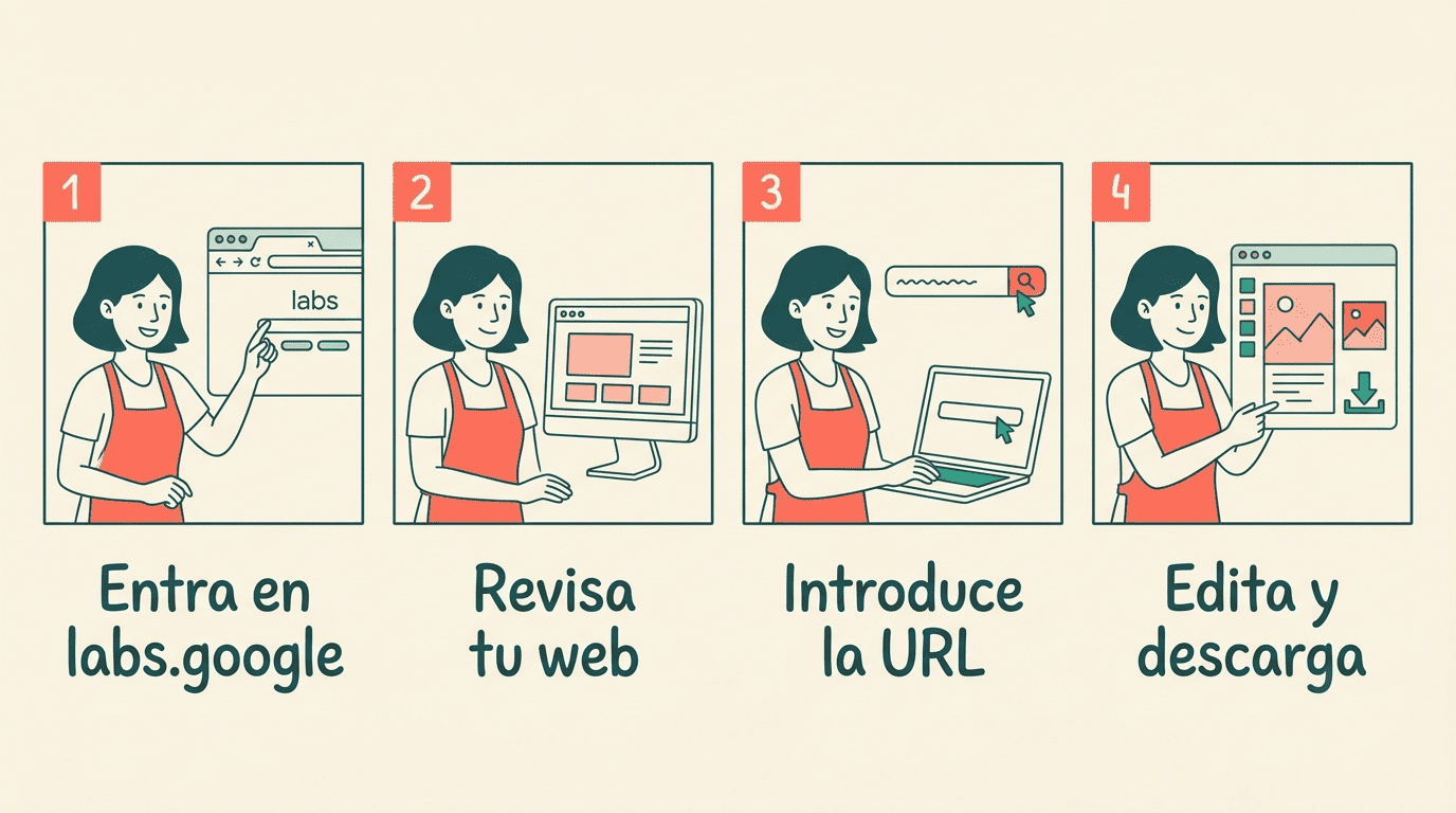 Cuatro pasos para empezar con Pomelli: entrar en labs.google, revisar tu web, introducir la URL y editar y descargar