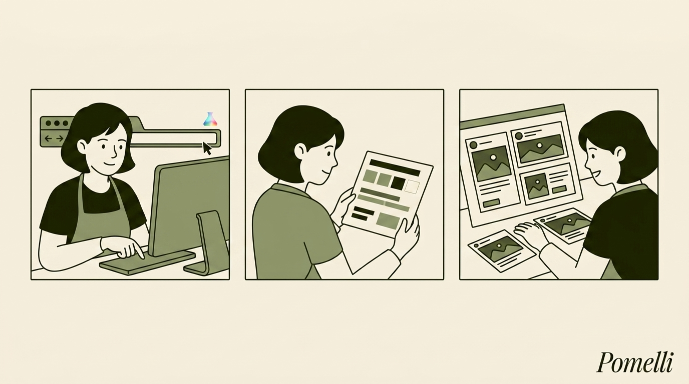 The three steps of Pomelli: enter your website, build the Business DNA and generate campaigns