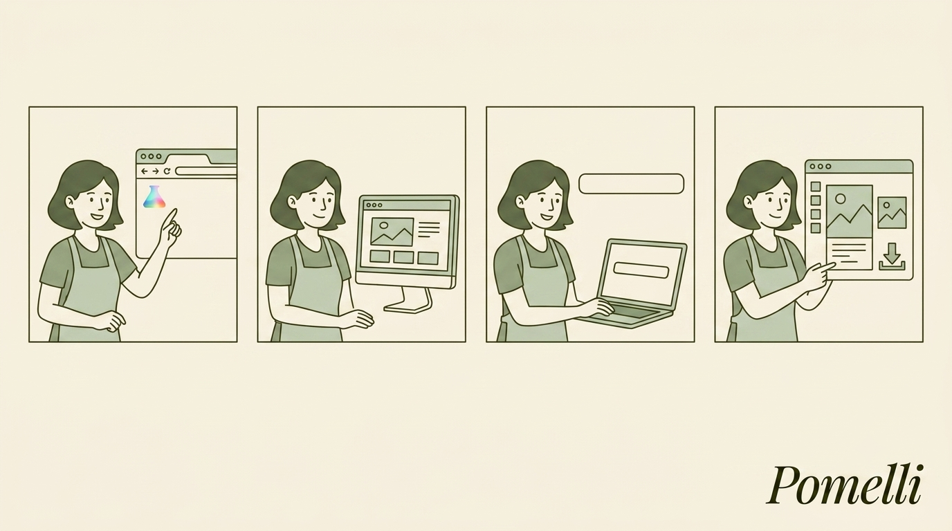 Four steps to get started with Pomelli: go to labs.google, review your website, enter the URL and edit and download